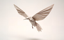 Intricate Paper Origami Bird Flying With Open Wings Isolated On White Background. A Meticulously Crafted Paper Origami Bird In Flight, Its Wings Spread Wide, Poised In The Air. Generative AI.