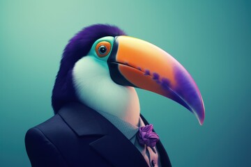 Wall Mural - Anthropomorphic toucan dressed in a suit like a businessman. Business Concept. AI generated, human enhanced