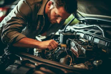 Wall Mural - Auto repair master. Background with selective focus and copy space. AI generated, human enhanced