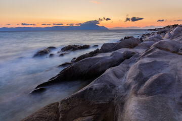 Sticker - sunrise in Orange Beach. The east coast of Sithonia peninsula, Halkidiki, Greece