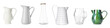 Collage of stylish jugs on white background