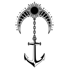 Wall Mural - monochrome celestial moon and sun with anchor illustration