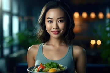 Beautiful Asian woman holding salad bowl and looking at camera Beautiful sporty girl in sportswear enjoying eating clean vegetables after exercise for home health. Diet and healthy food concept