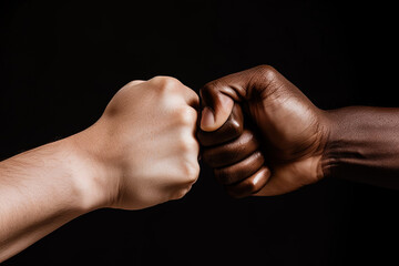 Wall Mural - close up of a fist bump isolated on black background, hands and teamwork, support or collaboration for team building, solidarity or unity, hand connection, partnership or greeting