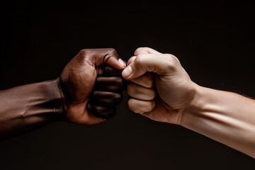 Wall Mural - close up of a fist bump isolated on black background, hands and teamwork, support or collaboration for team building, solidarity or unity, hand connection, partnership or greeting