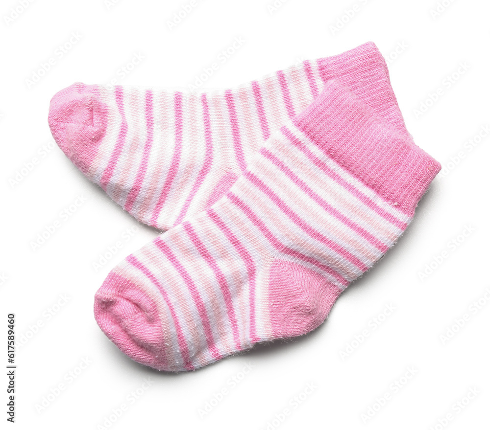 Pair of baby socks on white background