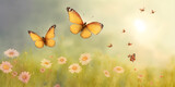 Fototapeta Natura - Drawing of a blooming meadow, flowers and butterflies, summer, ai generated
