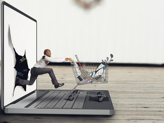 Poster - Businessman pushes a Shopping cart on the keyboard of laptop