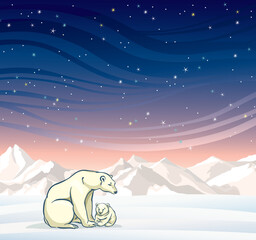 Wall Mural - Polar bear with baby on a night starry sky. Nature vector winter landscape.