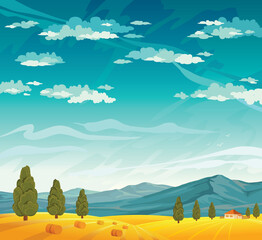 Canvas Print - Rural landscape with yellow field  and mountains on a blue cloudy sky. Summer natural vector.