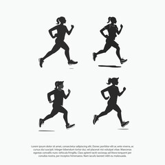 Run. Running girl or women, vector set of isolated silhouettes black and white for animation or poster resizeable vector