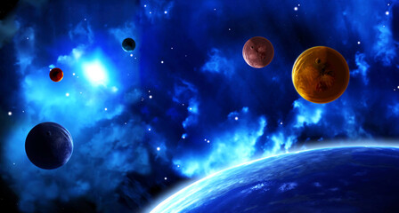 Wall Mural - a beautiful space scene with sun, planets and nebula. elements of this image furnished by nasa. 3d r