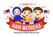 Malaysia Independence Day Vector Illustration on 31 August with Kids Waving Flag in National Holiday Flat Cartoon Hand Drawn Background Templates