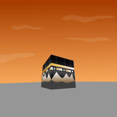 Illustration of the Kaaba with an orange sky, the Qibla of Muslims located in Saudi Arabia