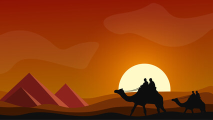 vector orange sky in desert and two camels riding, indonesia 06 june 2023