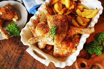 Wall Mural - Grilled chicken legs c with potato for garnish. Top view. Wooden background.