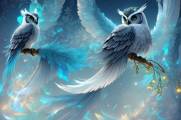 Cute and adorable fantasy owls perched on a branch. Blue light and hue. Owl with shiny feathers. Generative AI.