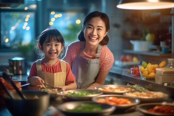 Asian family cooking in the kitchen at home Cropped view of s ailing mother and son standing at cooking counter preparing ingredients for dinner happy family activities together