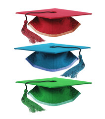 Wall Mural - Three Colourful Graduation Mortar Boards on White Background