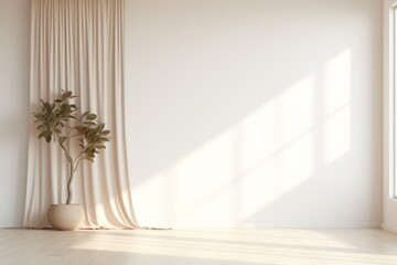 Wall Mural - Room Empty Background A Plant Mockup interior room with curtain an plant in front. clean white room minimal with copy space banner Generative AI