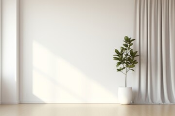 Wall Mural - Room Empty Background A Plant Mockup interior room with curtain an plant in front. clean white room minimal with copy space banner Generative AI