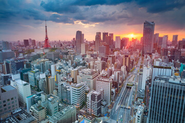 Sticker - Cityscape image of Tokyo, Japan during sunset.