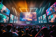 Esports Arena, Filled With Cheering Fans And Colorful LED Lights. Players Compete On A Large Stage In Front Of A Massive Screen Displaying The Game, Generative AI