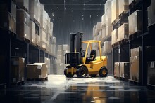 Forklift Drives Along The Industrial Warehouse Realistic, Stacks Of Moving Boxes Light And Dark Tones, Streamline Pallet And Box Loading Process, Illustrations Generative AI