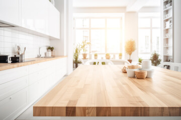 wooden light empty table top in modern white kitchen, kitchen panel in interior. template showcase s