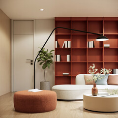 Wall Mural - 3d rendering living room interior design and decoration with white sofa brown book shelf.
