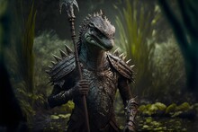 Lizard Warrior Holding A Trident Wearing Dinosaur Bone Armor Standing In A Swamp Cinematic Lighting Highly Detailed 