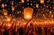 Asian people releasing white paper lanterns into the night sky, creating a breathtaking spectacle at the Sky Lantern Festival. Generative AI.