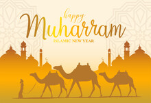 Vector Camels Driver Moslem Silhouette Mosque Celebrate Happy Muharram Gold Orange Arabian Desert Sun Background Ornament Luxury