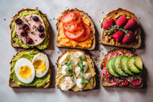 Sliced Breakfast Bread With Different Toppings, Seven Types Of Sandwich Food, Health And Wellness Nutrition