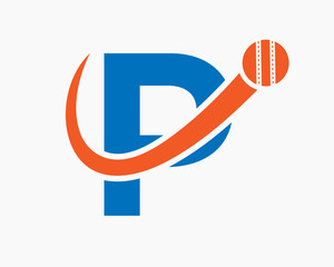 Letter P Cricket Logo Concept With Moving Ball Icon For Cricket Club Symbol. Cricketer Sign