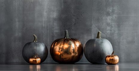Industrial Elegance Hallowen decor. A striking image of a sleek and modern pumpkin arrangement set against an industrial backdrop.