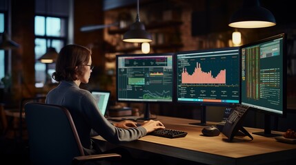 person using computers at desk with business data displayed Generative AI