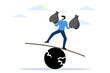 Debt burden. financial obligations or loan repayments. Balance between income and liabilities. Asset or income management. Businessman carrying debt on seesaw. vector illustration.