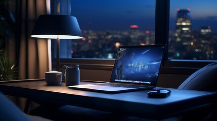computer laptop screen on a desk, office desk with city view Generative AI