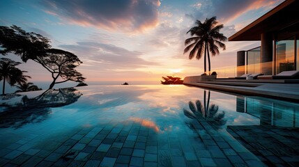 Wall Mural - tropical vacation resort. Infinity swimming pool with view of paradise. Palm trees and ocean.