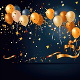 Fototapeta  - The happy birthday concept with gold confetti, balloons, and banner. (Illustration, Generative AI)