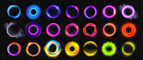 Wall Mural - optical halo flares with neon light vector effect set isolated on transparent background. circle len
