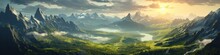 Fantasy Jungle With Mountains And Cloudy Sky In The Background.