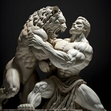 Marble Sculpture Of A Muscular Man Fighting A Lion Realistic Picture 4k 