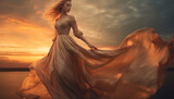 Fototapeta  - One young woman dances in the sunset, exuding elegance and sensuality generated by AI