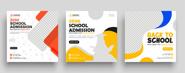 School admission social media post banner design. Back-to-school social media post banner design set. minimalist Back to school admission promotion banner. Back to school banner design ad