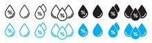Air Humidity Icon Set In Black And Blue Color. Humidity Water Drop With Percentage Sign.