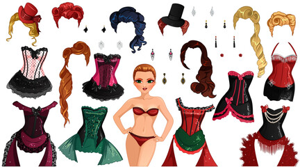 Cabaret Paper Doll with Cute Cartoon Character, Outfits, Hairstyles and Earrings. Vector Illustration