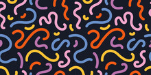 Colorful Squiggle Seamless Vector Pattern. Bright Colored Squiggly Lines On A Dark Background. Cool, Fun, Creative, Abstract Wavy Lines. Playful Repeat Backdrop Texture. 