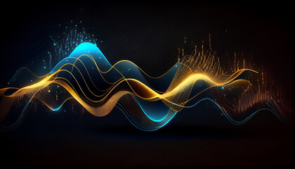 Wall Mural - Abstract futuristic background with gold blue glowing neon fluid waves techno sound sharp Data transfer concept Fantastic wallpaper Abstract background Ai generated image